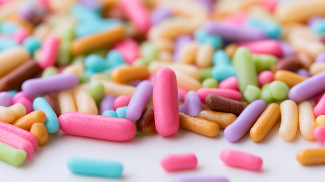 A vibrant assortment of colorful sugar sprinkles scattered across a clean white surface create a cheerful and playful confectionery background image