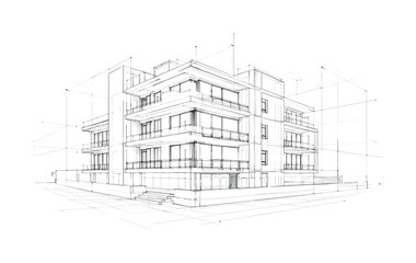 Fototapeta premium Architectural sketch of a modern multi-story residential building with balconies