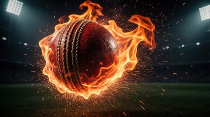 Fototapeta premium Flaming cricket ball emits sparks in stadium. Digital render shows ball wrapped in string engulfed in yellow-orange flames. Night scene highlights action with stadium lights behind dark background,