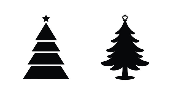 Two christmas tree silhouettes with stars are displayed on a white background silhouette