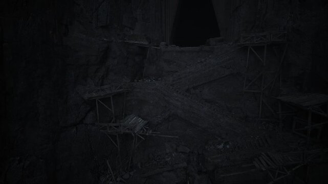 dark abandoned mine entrance showing collapsed wooden scaffolds and deep triangular shaft urban explorer climbs fragile ladders, spelunker inspects debris,
