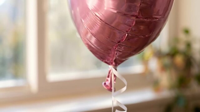 Slow motion tracking shot of helium heart foil balloon drifting and bobbing by sunlit window in cozy room with soft morning light and shallow depth of field