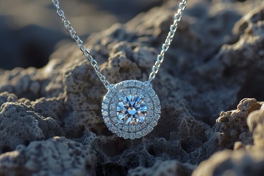 Elegant Halo diamond pendant necklace on coral rock background