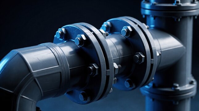 Close view of joined plastic pipe section with bolts and nuts. Industrial water conduit system shows connection detail. Construction and repair work for pipeline infrastructure.