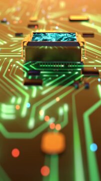 Animaci&oacute;n de un chip procesador de IA en un circuito futurista