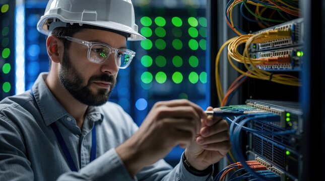 Engineer with beard wearing safety helmet inspects server rack, connects blue cables indoors, surrounded by fiber optics, power units. Worker checks computer hardware connections at data center.