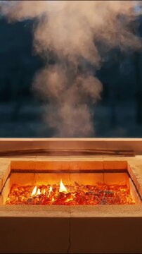 Outdoor brick fire pit with glowing hot coals and rising white smoke against a dark background brick fireplace burning wood campfire ember glow