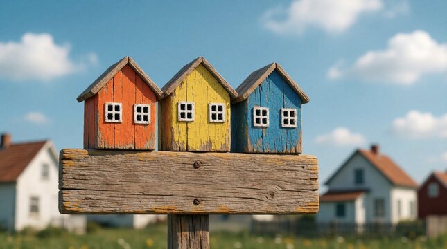 Colorful wooden cottages perched on weathered wooden post against blue sky with clouds. Tiny homes in orange, yellow, blue hues with white window frames. Outdoor scene set in rustic village,
