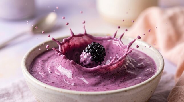 A fresh blackberry falls into a creamy purple smoothie bowl creating a beautiful liquid splash.