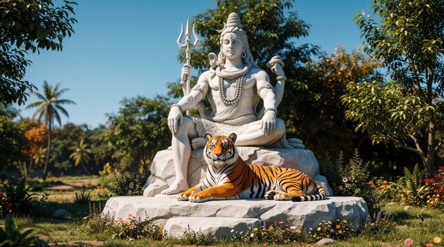Stone sculpture of Hindu deity Shiva sits with tiger at rocky park with lush green trees and bright sunny sky. Peaceful scene inspires religious thoughts and nature appreciation.