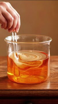 Stirring amber golden liquid inside a glass beaker with a stirring rod on a wooden table chemical beaker laboratory equipment scientific experiment