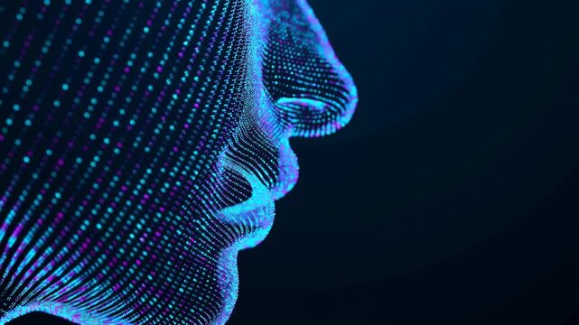 Digital dotted human face profile glowing against dark abstract background