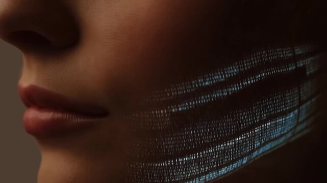 Human face closeup with lips visible beneath patterned shadows and blue highlights