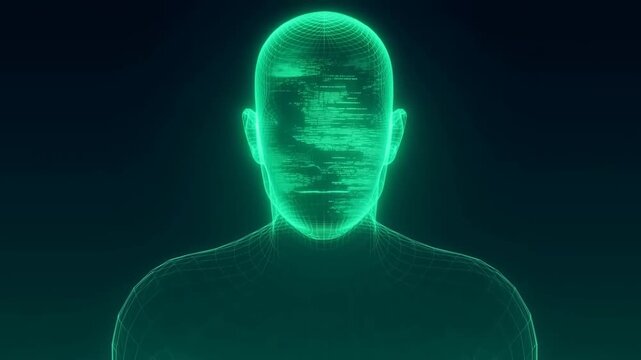 Digital wireframe human head with glitch lines against dark futuristic background