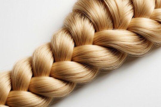 Close up of neat golden blonde braid with soft texture and shine. Intricate weaving detail on white background. Perfect for hair care ads and beauty blogs.