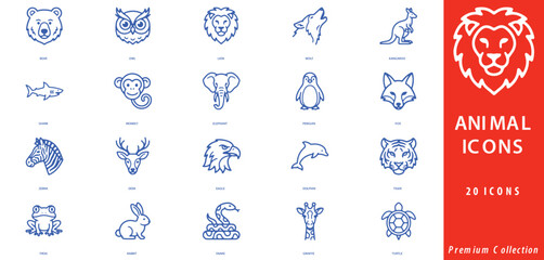 Naklejka premium Blue animal line sheet with twenty wildlife symbols including bear, lion, shark, zebra, and snake on white background, with red panel