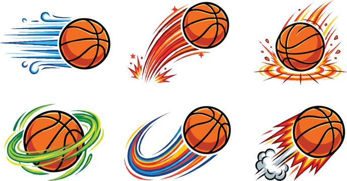 Flat vector basketball clipart set with players, hoop, ball, and court action poses for sports design