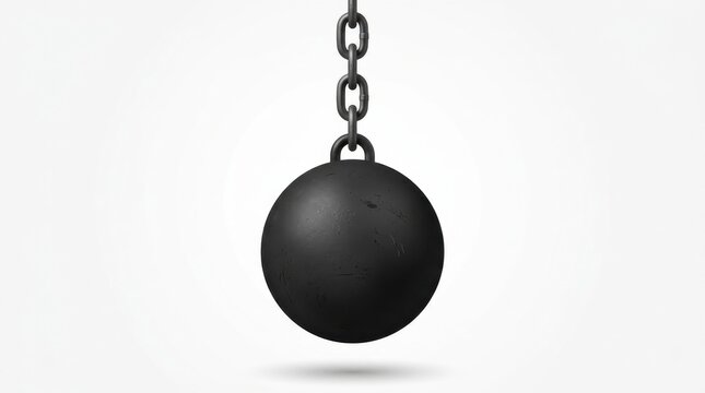 Heavy black wrecking ball hanging from a metal chain against a white background
