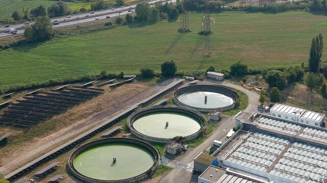 Wastewater Treatment Plant and Circular Water Economy Infrastructure. Aerial Drone View, Assago, Milan, Italy