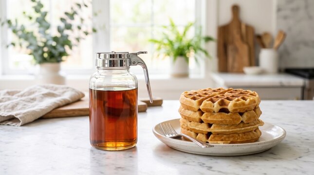 A stack of golden waffles sits beside a glass syrup dispenser in a bright, airy kitchen.