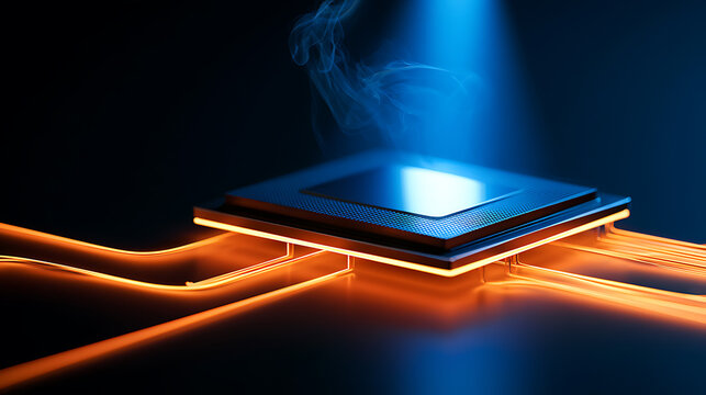 Futuristic microchip processor overheating with smoke under blue light and glowing orange circuit board traces for advanced tech concept