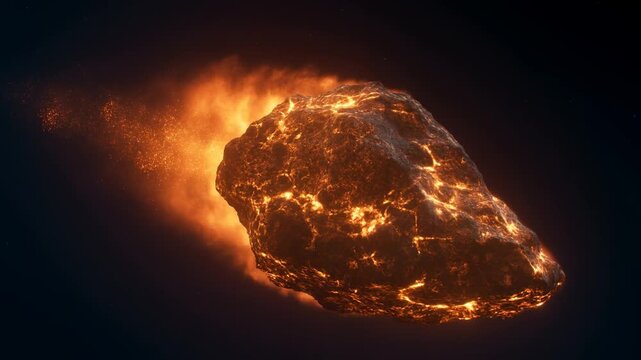Molten asteroid glowing in deep space with fiery surface fissures and orange halo