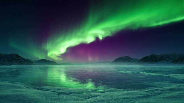Vibrant aurora borealis lights dancing across arctic night skies captured in cinematic motion footage over frozen landscapes and misty mountains