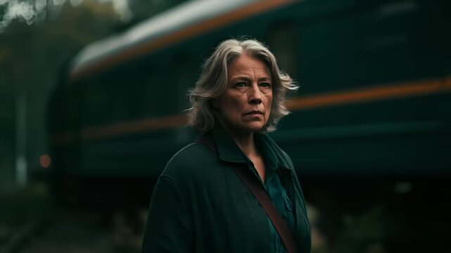 Paris, France, Europe. A moody, atmospheric portrait of a woman with short, wavy blonde hair, captured in a side profile. She wears a dark green jacket with a red shoulder strap.