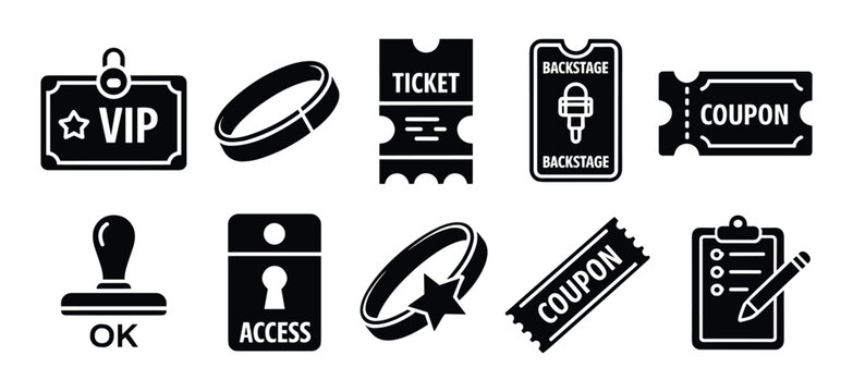 Event Access and Verification Icons: A collection of graphic icons representing VIP access, tickets, backstage passes, coupons, stamps, and verification methods for event entry and control.