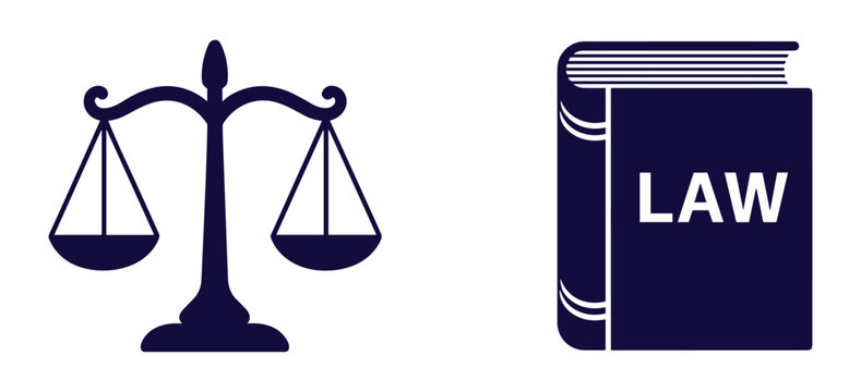 Scales of Justice and Law Book: An iconic symbol of justice, the scales of justice, stands beside a closed book labeled LAW, representing legal principles and jurisprudence.