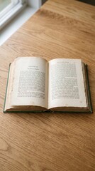 Fototapeta premium open book with visible pages, perfectly centered on a wooden surface, soft natural light, detailed paper texture, calm and minimal composition, negative space around the book