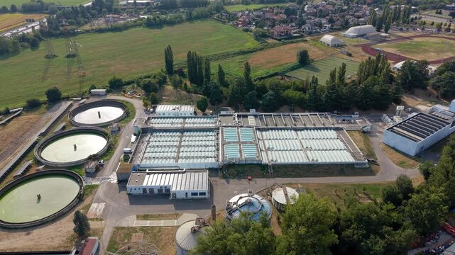 Aerial Drone View of Wastewater Treatment Plant and Water Recycling Infrastructure in Assago, Milan, Italy