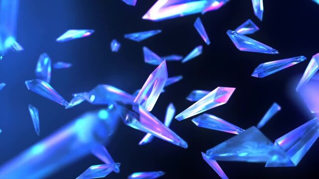 Translucent crystal shards glowing blue and violet in dark abstract space