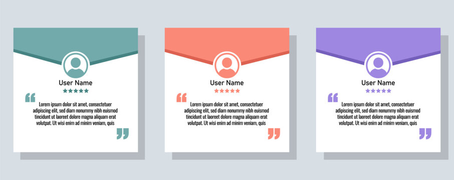 Set of three colorful testimonial or review boxes with user profile icons, five star ratings, and placeholder text, modern flat design for website or social media marketing vector design.