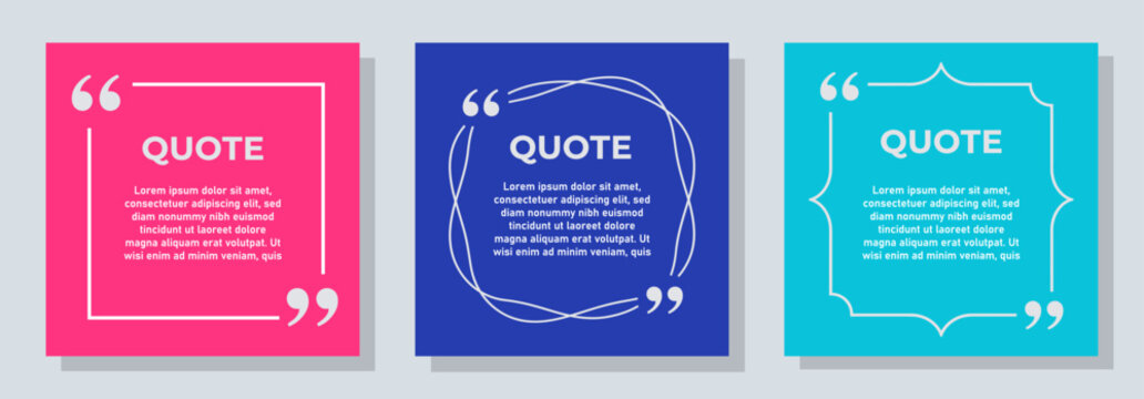 Set of three colorful quote box templates with different border styles and placeholder text for social media posts vector design.