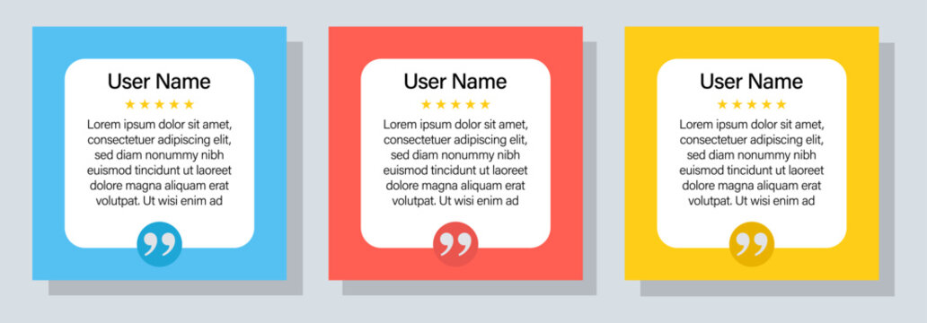 Set of three colorful testimonial review boxes with user name, five star rating, and quote marks for customer feedback or review section vector design.