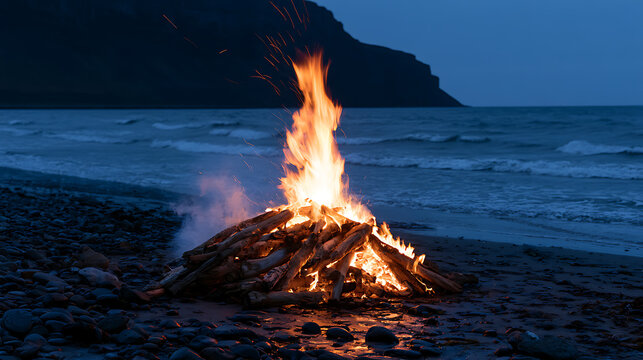 Bright campfire burn with tall bright flames on a dark sand beach next to the ocean water at twilight with mountains in the background