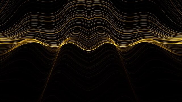 Golden wave lines arranged in layered abstract patterns on black background