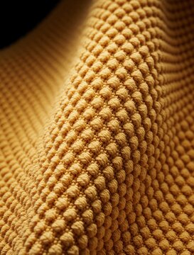 Golden yellow chenille fabric texture in abstract close-up. Macro shot highlights intricate bobble pattern. Suitable for interior design, home decor, autumn-themed projects. Soft lighting emphasizes