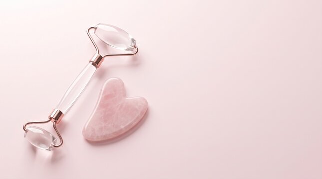 Rose quartz gua sha and facial roller on pink