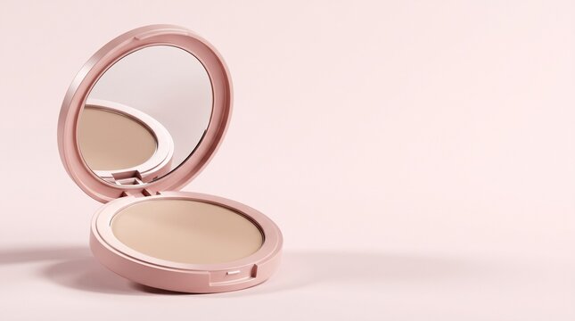 Open pink compact powder with mirror on pastel background