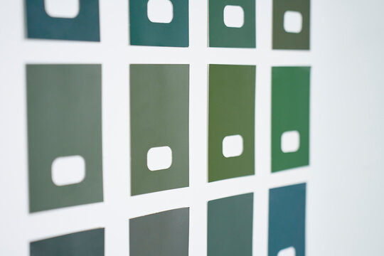 Green and blue paint color swatches arranged on white wall for comparison