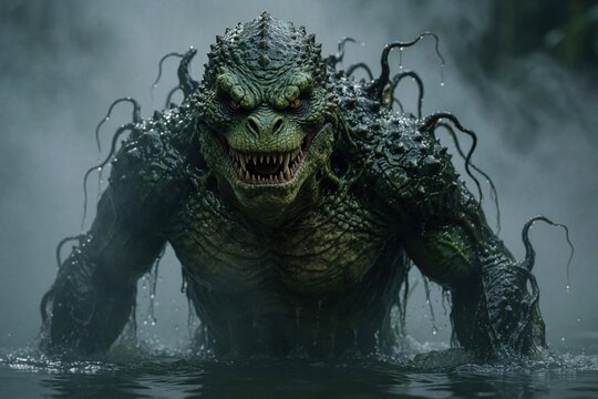Terrifying green monster emerges from misty water, baring sharp teeth and claws. Scary creature with scaly skin lurks in dark swamp, hinting at danger. Ominous beast rises from murky depths.
