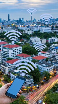 Cityscape shows wireless network connections with a smartphone in hand