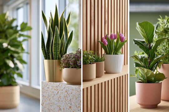 Japandi interior design collage showcasing plants and wooden elements in a modern space