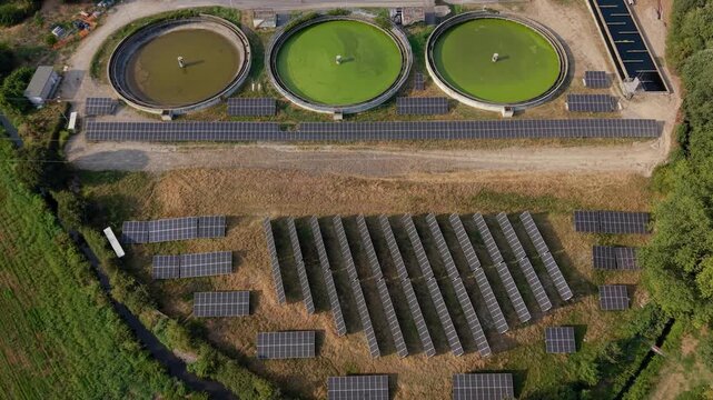 Sustainable Wastewater Treatment Plant with Advanced Water Management. Aerial View, Assago, Milan, Italy