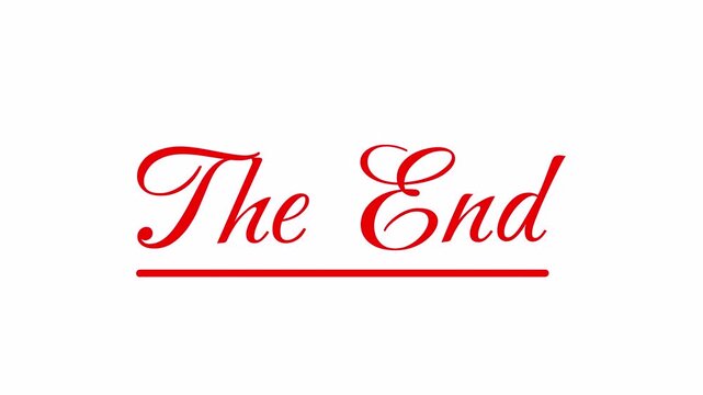 Animated red cursive text saying The End appearing on a white background with a red underline for movie or video closing credits with alpha channel for easy compositing