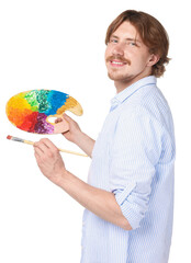 Fototapeta premium Man with painting tools on white background. Young artist
