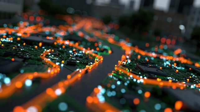Cluster of circuit boards shows colorful signals processing data amidst a city scene