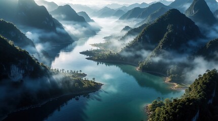 Naklejka premium Misty river flows between green mountain peaks under sunlight. Foggy valley opens to serene blue water and rich forest hills. Aerial view shows a peaceful, remote landscape.